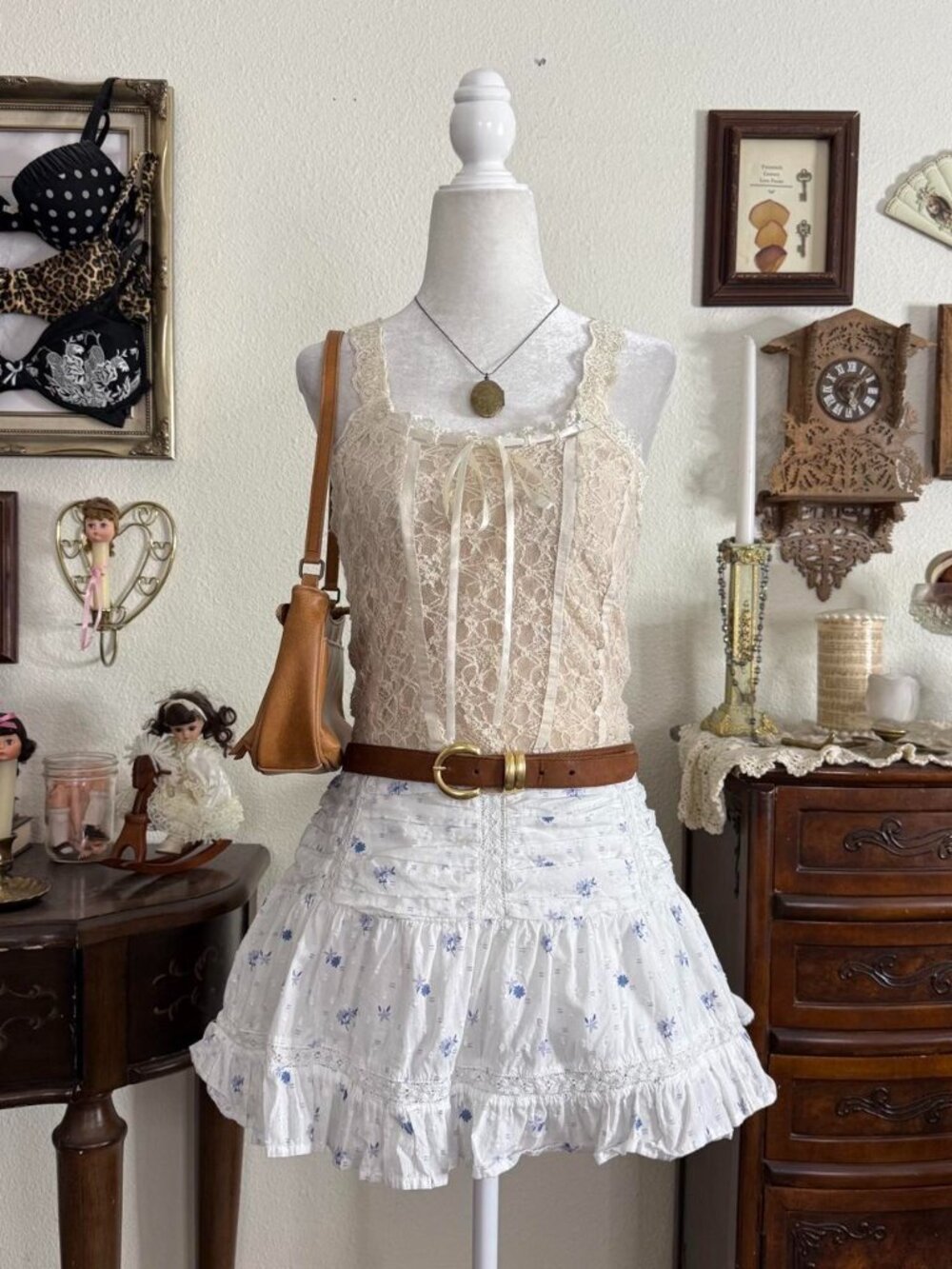 Cottagecore whimsical dainty white and blue floral ruffled mini skirt